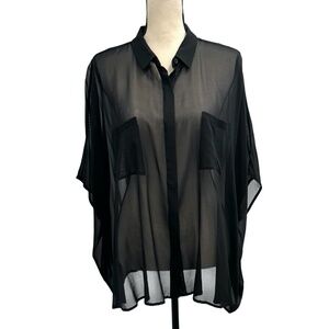 DKNY BLACK SILK OVERSIZED SEMI SHEER SHORT SLEEVE BUTTON DOWN CAMP BLOUSE
